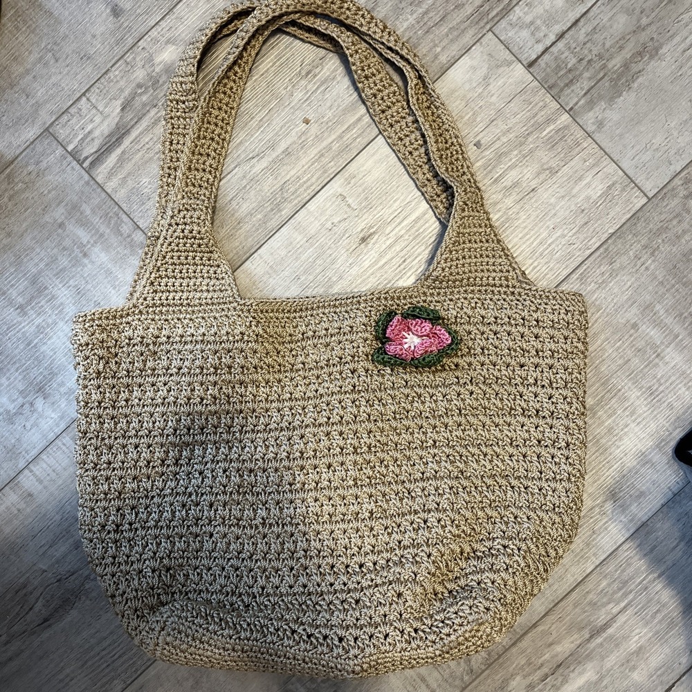 The SAK Crochet Shoulder Bag PURSE - Beige / Taupe  Two Strap W/ Crochet Flower
